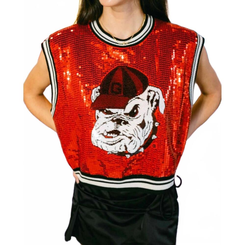 NEW QUEEN OF SPARKLES full sequin sweater tank with bulldog head in red - Picture 1 of 6